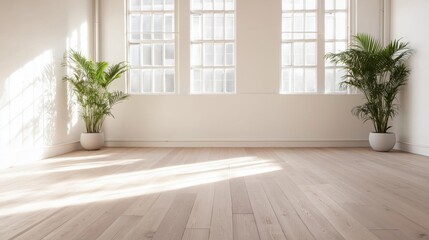 Empty room with two large windows on the wall. the room has a wooden floor made of light-colored wood planks and white walls.