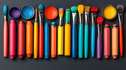 Naklejka premium Rainbow Paintbrushes and Crayons on Dark Gray Background