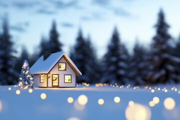 Fototapeta premium Cozy cabin in snowy forest with glowing lights and Christmas tree