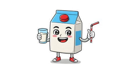 A playful cartoon milk carton with big eyes and a joyful expression, ideal for kids' products and educational visuals.
