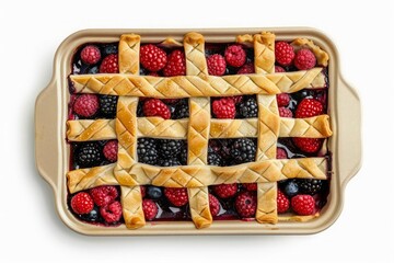 Delicious Mixed Berry Pie with Golden Lattice Crust in Baking Dish