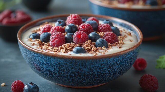 Fresh yogurt bowl topped with berries and granola.