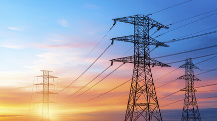 Power lines silhouetted against colorful sunset sky, showcasing electrical infrastructure