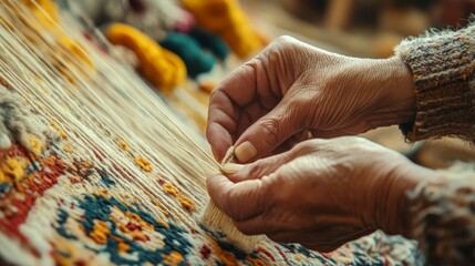 Hands working on a colorful patterned textile or rug close up indoors.