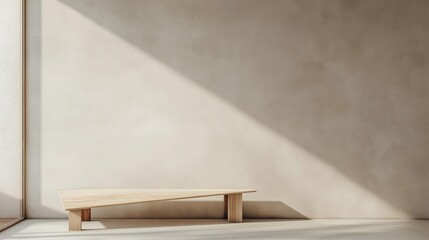 Wooden bench in an empty room with a beige wall on the right side. the bench is made of light-colored wood and has a simple, minimalist design.