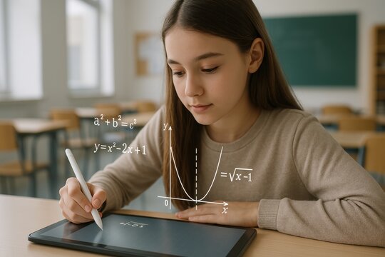 Young scholar in education: A young girl meticulously solves complex math equations on a digital tablet in a bright classroom environment.
