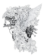 Artistic T-Shirt Design Mockup Featuring an Intricate Hand-Drawn Illustration of a Winged Figure with Floral and Abstract Elements for Fashion and Creative Concepts