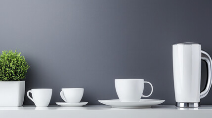 Fototapeta premium Minimalist household items including white cups, saucers, and kettle on shelf