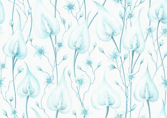 Soft Blue Nature floral seamless pattern. Pencil drawing twigs with calla flowers and small florets on white paper texture background. Template for design, textile, wallpaper, ceramics.