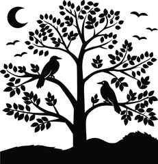 Fototapeta premium Silhouette of Birds on a Leafy Tree at Night