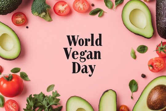 World vegan day text on pink background surrounded by fresh avocados and tomatoes in a flat lay style - Powered by Adobe