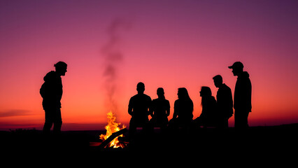 Fototapeta premium Silhouette of Friends Around Campfire with Pink and Orange Sky in Dramatic HDR 4K Cinematic Scene