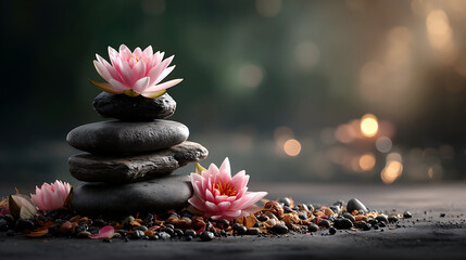 Zen garden serenity pink and white lotus flowers amidst tranquil stones for peaceful floral photography