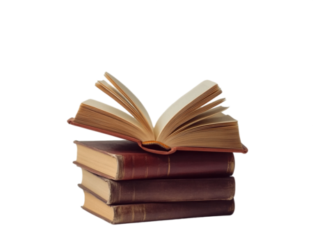 Open Antique Book on Stack of Vintage Books, PNG