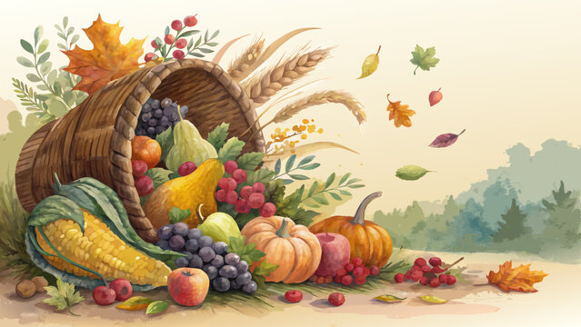  cornucopia overflowing with colorful fruits and vegetables, symbolizing abundance and gratitude on rustic background with copy space  