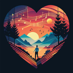 Fototapeta premium Musical Heart Silhouette with Flowing Notes Vector Design
