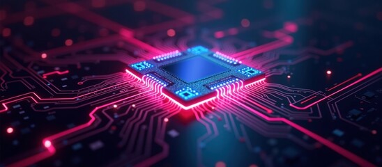 Futuristic Technology Concept Featuring a Neon Lit Circuit Board and Processor