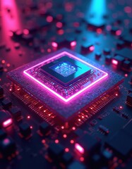 Futuristic Technology Concept Featuring a Neon Lit Circuit Board and Processor