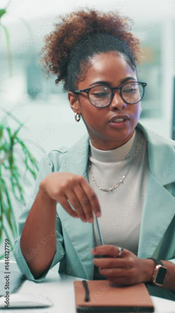 Poster Discussion, programmer and woman with ideas, office and employee with glasses for project or coding. Business, developer and black person with task for script, talking or productivity for programming