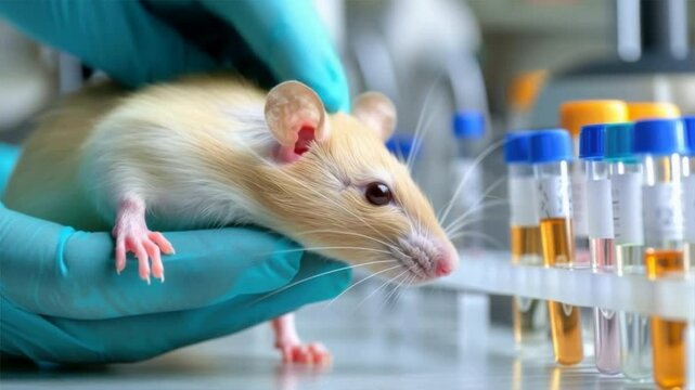 A laboratory mouse being examined in a scientific experiment with test tubes in the background.
