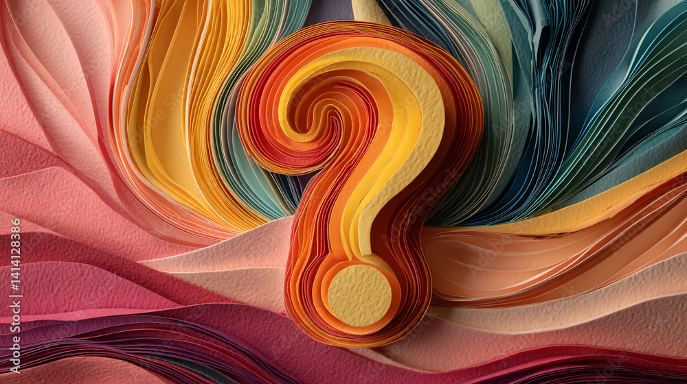 Poster layered paper design forming abstract waves, with a central question mark crafted from warm-toned pa