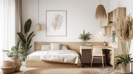 A modern bedroom featuring a large window with city views, a comfortable bed, decorative pillows, and contemporary artwork on the wall.
