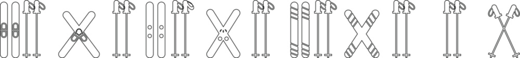 Ski Sticks Winter Sport icon set, Accessory Elements Vector for Skiing Gear Advertisement, Sports equipment. Long poles for walking on snow. Ski resort. Winter games tool. Vacations. Holiday rest.