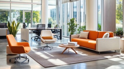 Fototapeta premium Modern office lounge with orange furniture and a rug