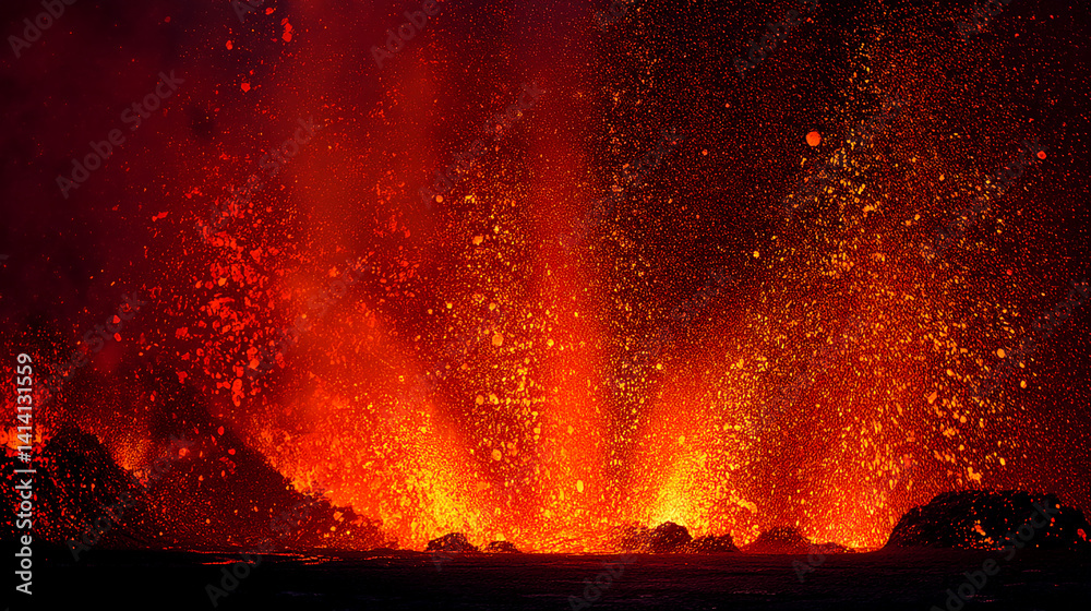 Poster fiery orange and red lava eruption, showcasing dynamic texture and intense heat, symbolizing raw pow