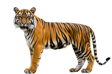 Obraz premium a majestic tiger stands confidently showcasing its striking orange and black stripes against a white background. beauty and power of iconic big cat