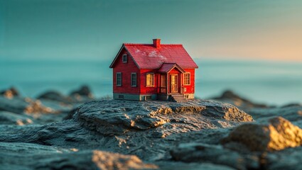A scenic coastal landscape featuring a house or hut near a lighthouse, with the ocean, sky, and beach visible