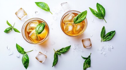 Refreshing Herbal Beverage with Ice and Fresh Basil Leaves