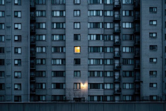 Apartment Complex with Only One Lit Window A wide shot of a tall grey apartment building at night, all windows dark except for one. This tiny warm light conveys a strong sense of isolation, storytelli