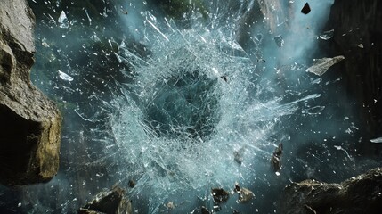 Shattered glass explosion dramatic teal abstract background image blur dark blue grey rock chaos