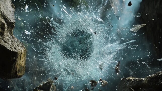 Shattered glass explosion dramatic teal abstract background image blur dark blue grey rock chaos - Powered by Adobe