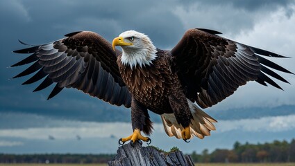 A majestic white-headed American bald eagle, a powerful bird of prey, soars in wild flight
