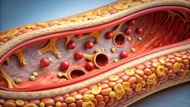 Detailed image of a cross-section showing atherosclerosis and atheromatous plaque in an artery, highlighting the buildup of fatty deposits and inflammation , vascular inflammation, arterial 