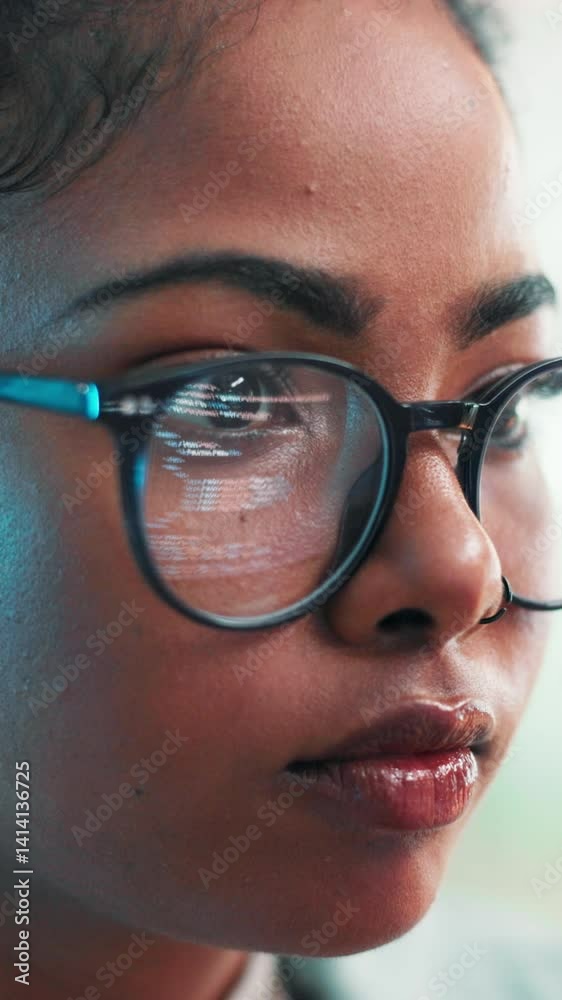 Poster Woman, glasses and computer in office for programming, software development and problem solving. Reflection, programmer and face in agency for cybersecurity, coding update or thinking with technology
