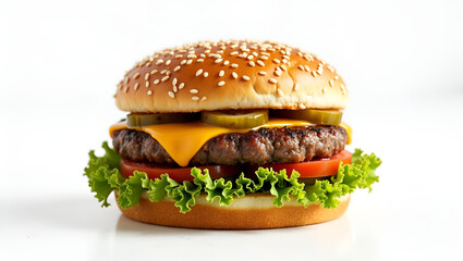Delicious Classic Cheeseburger with Melted Cheese on White Background