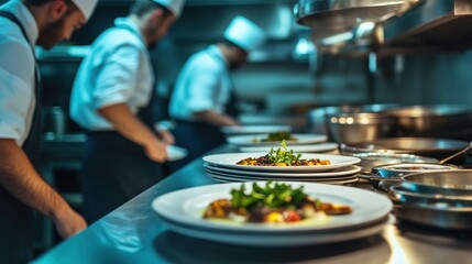 Chefs preparing plates in a professional kitchen