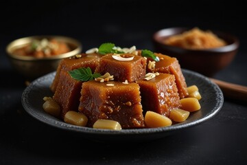 A focused business-style image of delicious-looking dessert against a black background.
