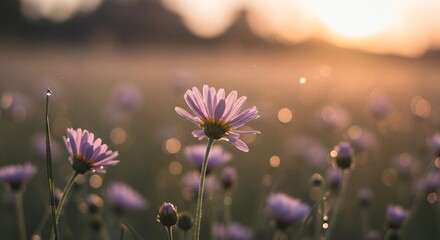 Sunrise Meadow: Delicate Pink Flowers in Golden Light