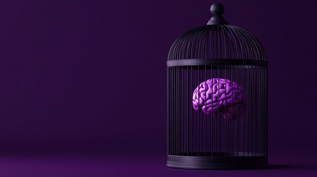 A surreal scene featuring a human brain trapped inside an ornate birdcage, against a deep purple background.