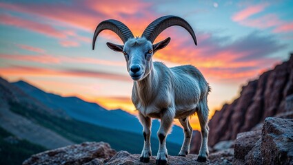 A wild horned goat, a brown mammal of the mountain fauna, stands proudly on a rocky alpine terrain in its natural habitat