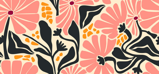 Materiał do szycia Abstract Сontemporary Seamless Pattern with Leaves and Flowers Shapes Boho Style. Vector Abstract Texture. Seamless Texture Scandinavian Style. Modern Trendy Collage Template