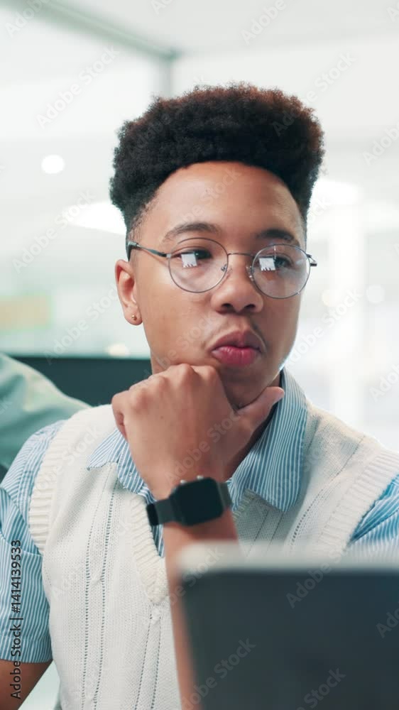 Poster Training, coding and business man in office for help, software development and thinking with mentor. Discussion, hands and developer with technology for programming, learning or teaching new employee