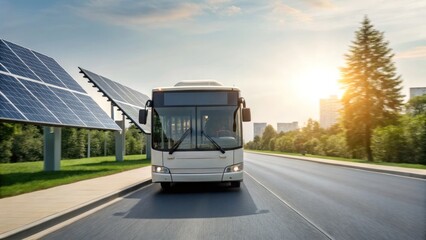 A modern bus drives on a road lined with solar panels, showcasing sustainable transport against a backdrop of a cityscape and a sunset.