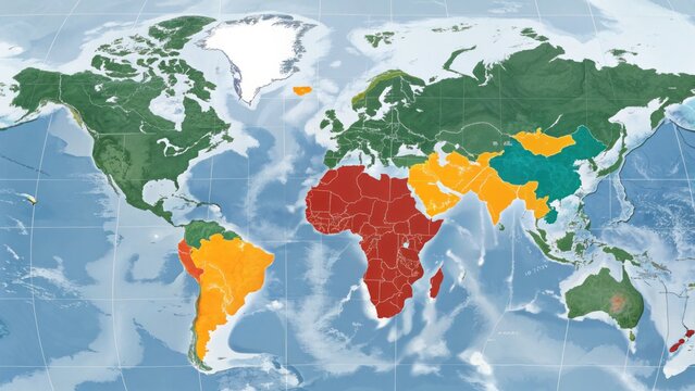 A world map highlighting different regions in various colors, showcasing geographical divisions and possibly climatic or ecological zones.