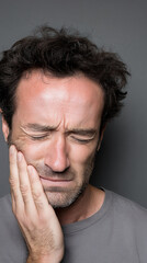 Fototapeta premium Close-up of man with curly hair, eyes closed, hand on cheek, expressing pain or discomfort, showcasing a state of distress