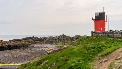 The Scarlett Point Tower on the shores of the Irish Sea in Scarlett, Isle of Man